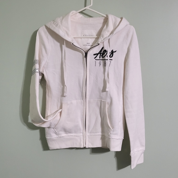 Aeropostale White Zip-Up Hoodie with sequin designs, size M - Picture 1 of 3